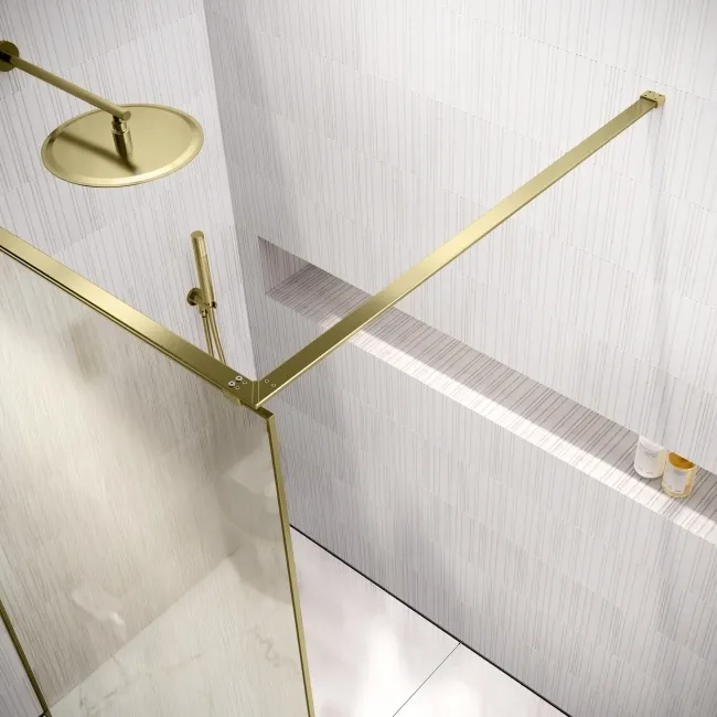 Lyon Brushed Brass 8mm Laminated Wet Room Shower Glass Panel with Gold Mesh Inlay 1400mm