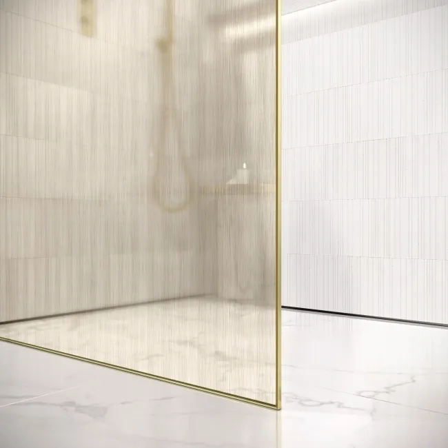 Lyon Brushed Brass 8mm Laminated Wet Room Shower Glass Panel with Gold Mesh Inlay 1400mm