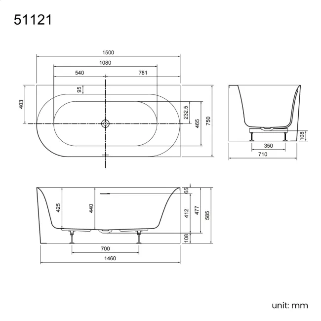 Merton 1500mm Curved Corner Bath - Right Handed