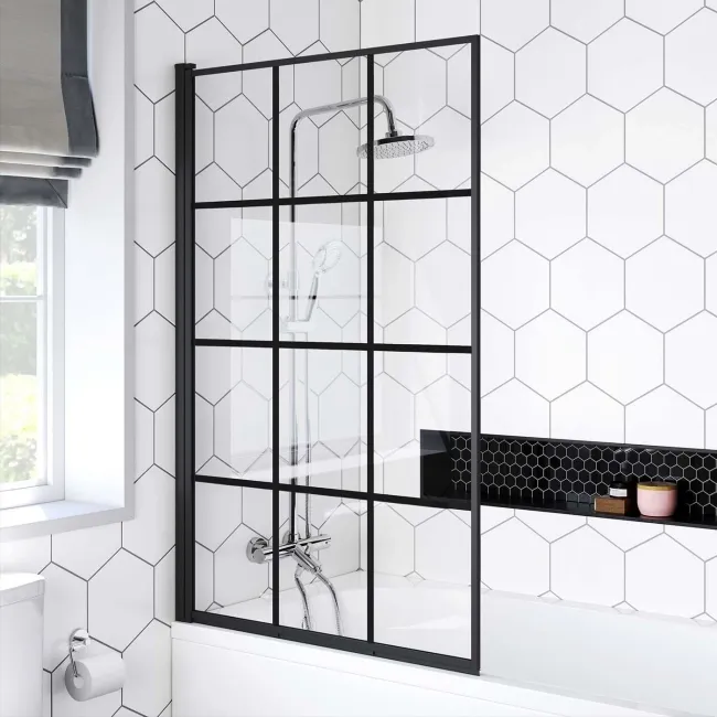 Zurich Easy Clean Matt Black Grid Bath Screen - 800mm