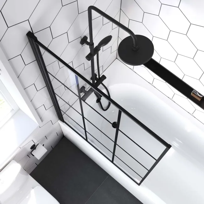 Zurich Easy Clean Matt Black Grid Bath Screen - 800mm