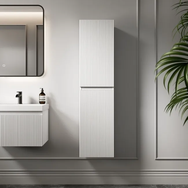 Malta Fluted Coastal White Wall Hung Tall Cabinet 1400x350mm