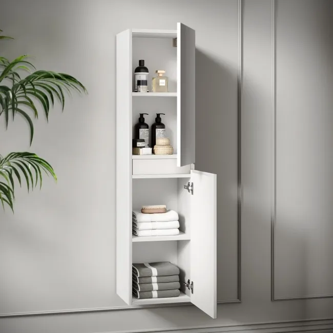Malta Fluted Coastal White Wall Hung Tall Cabinet 1400x350mm