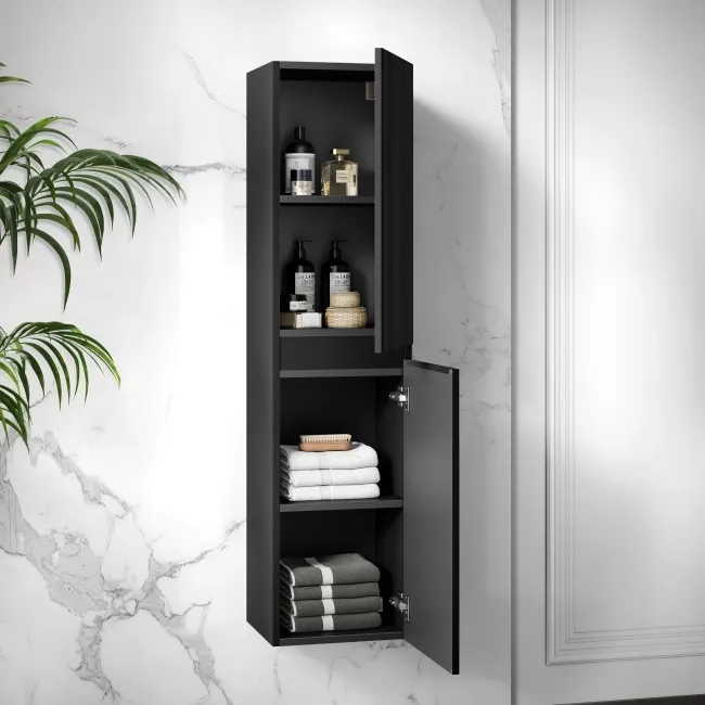 Malta Fluted Matt Black Wall Hung Tall Cabinet 1400x350mm