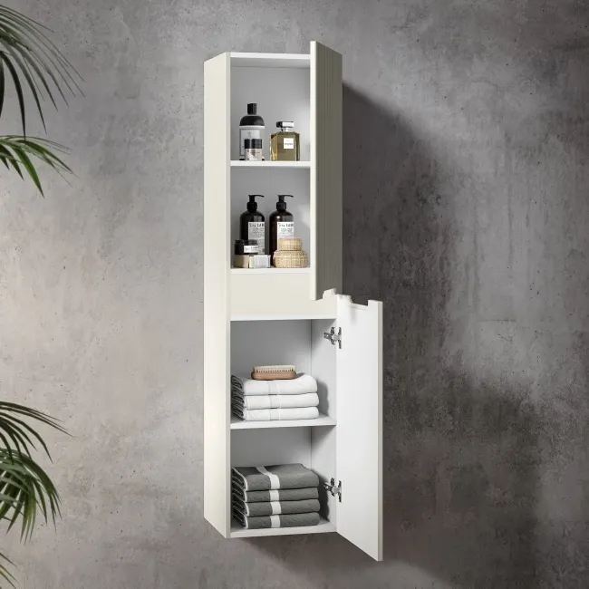 Crete Fluted Linen White Wall Hung Tall Cabinet 1400x350mm