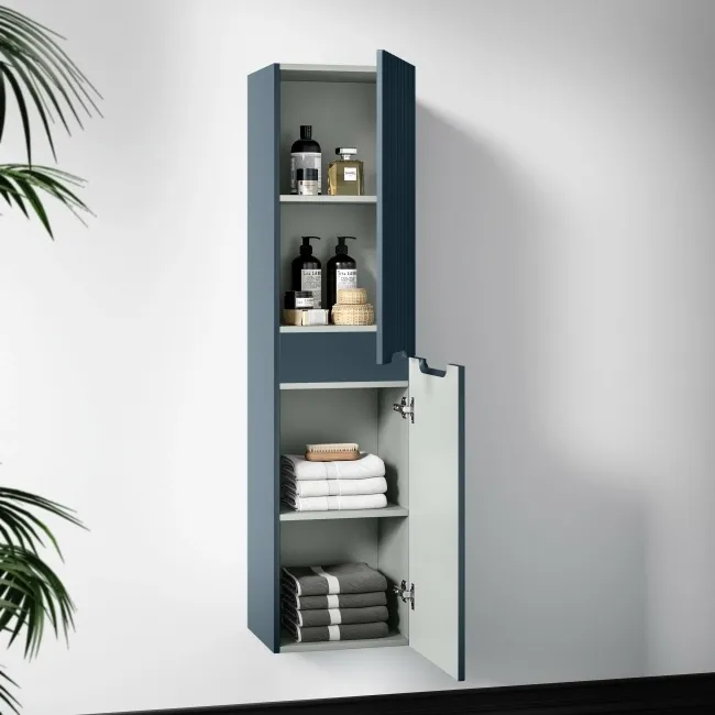 Crete Fluted Navy Blue Wall Hung Tall Cabinet 1400x350mm