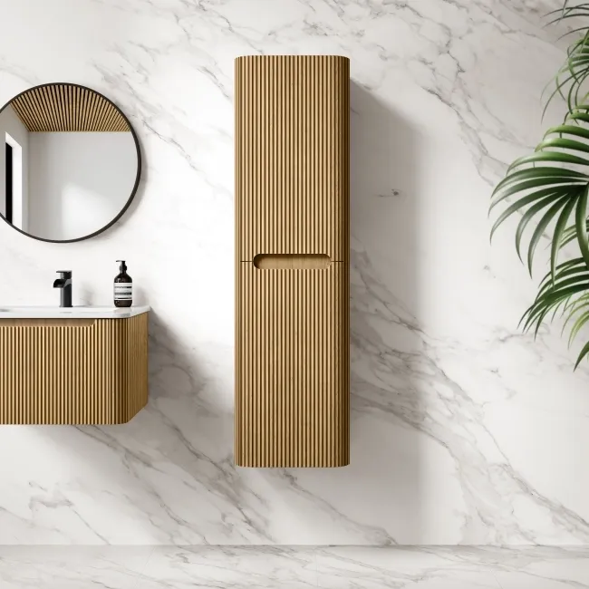 Sorrento Fluted Country Oak Wall Hung Tall Cabinet 1400x400mm