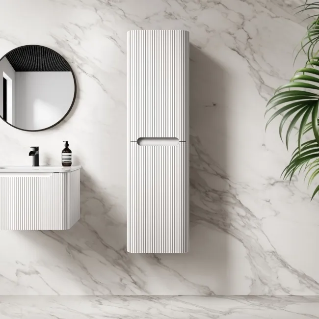 Sorrento Fluted Coastal White Wall Hung Tall Cabinet 1400x400mm