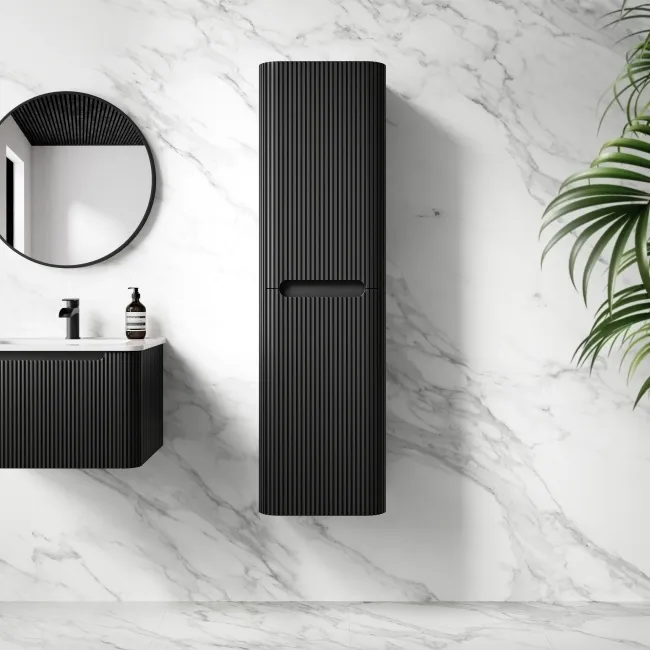 Sorrento Fluted Matt Black Wall Hung Tall Cabinet 1400x400mm