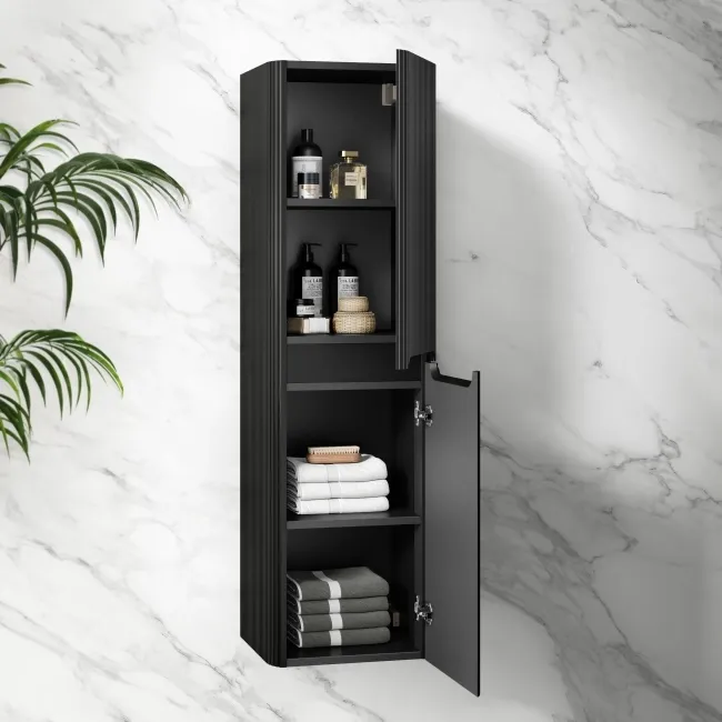 Sorrento Fluted Matt Black Wall Hung Tall Cabinet 1400x400mm