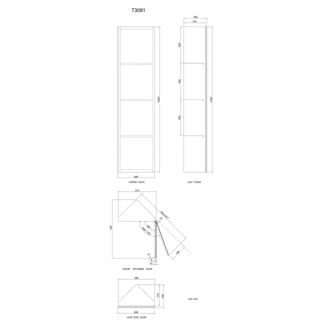 Madelyn Corner Stainless Steel Mirror cabinet 1200mm Tall