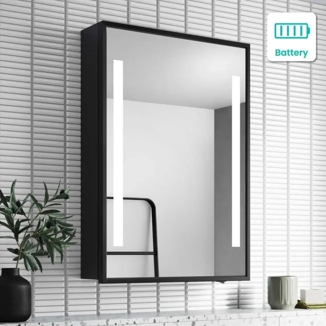 Mia Battery Operated Black Framed Illuminated LED Mirror Cabinet 710x500mm