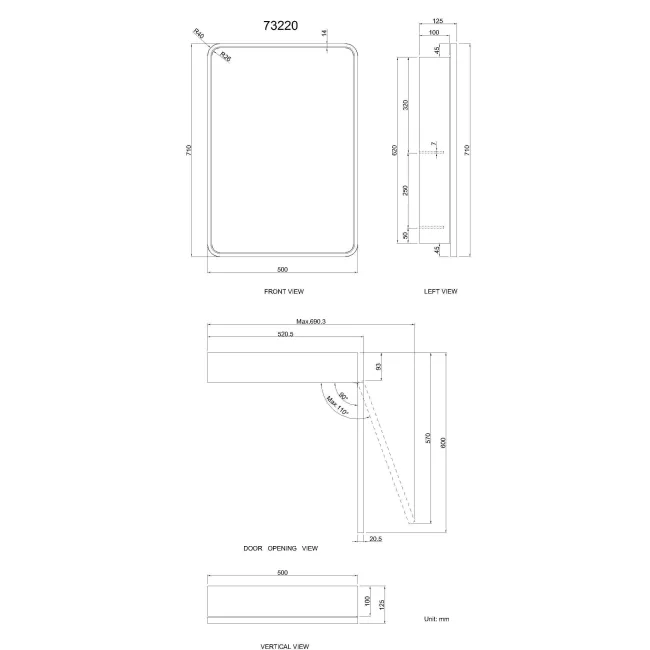 Olivia Black Framed Mirror Cabinet 710x500mm