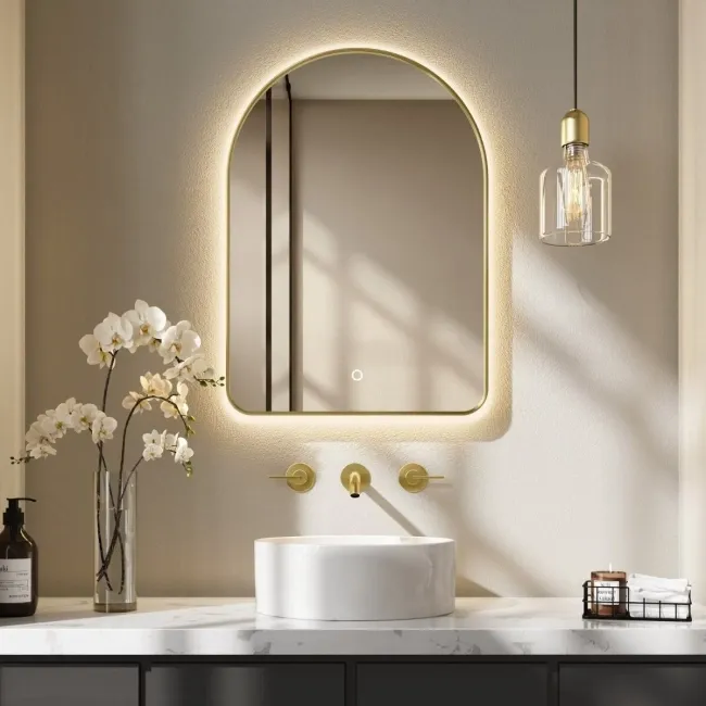 Cassie Brushed Brass Arched Backlit llluminated LED Mirror 700x500mm