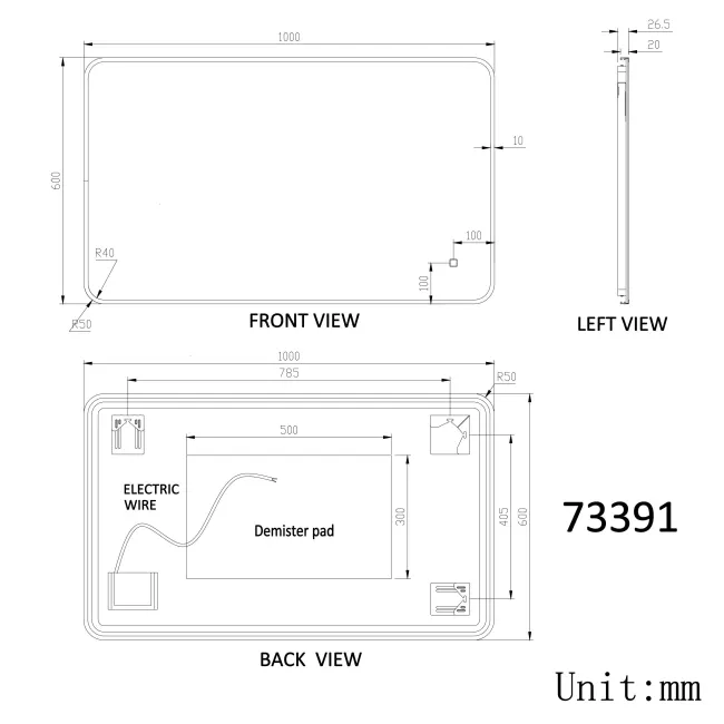 Mila Black Framed Backlit llluminated LED Mirror 600x1000mm