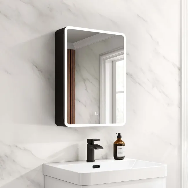 Aurora Matt Black Illuminated LED Mirror Cabinet 600x450mm