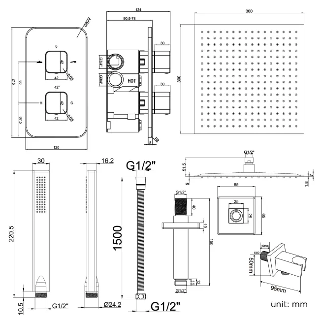 Galway Premium Ceiling Chrome Square Thermostatic Shower Set - 300mm Head & Hand Shower