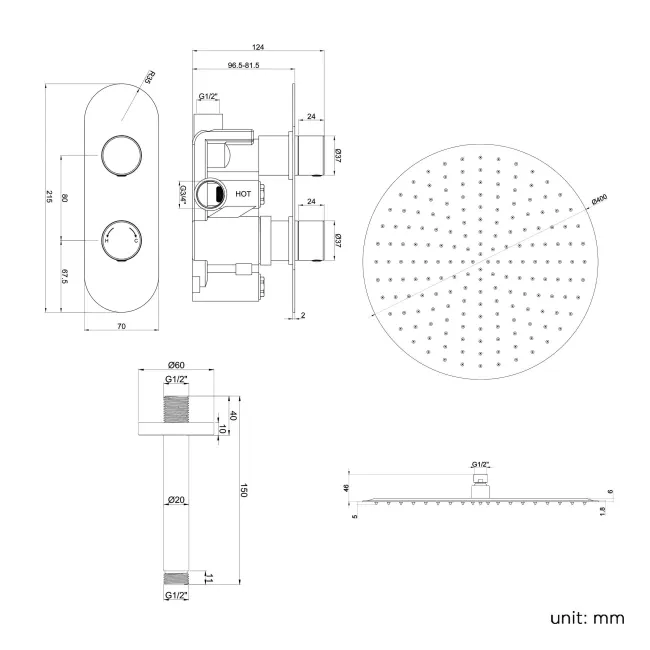 Ballina Premium Ceiling Matt Black Round Thermostatic Shower Set - 400mm Head
