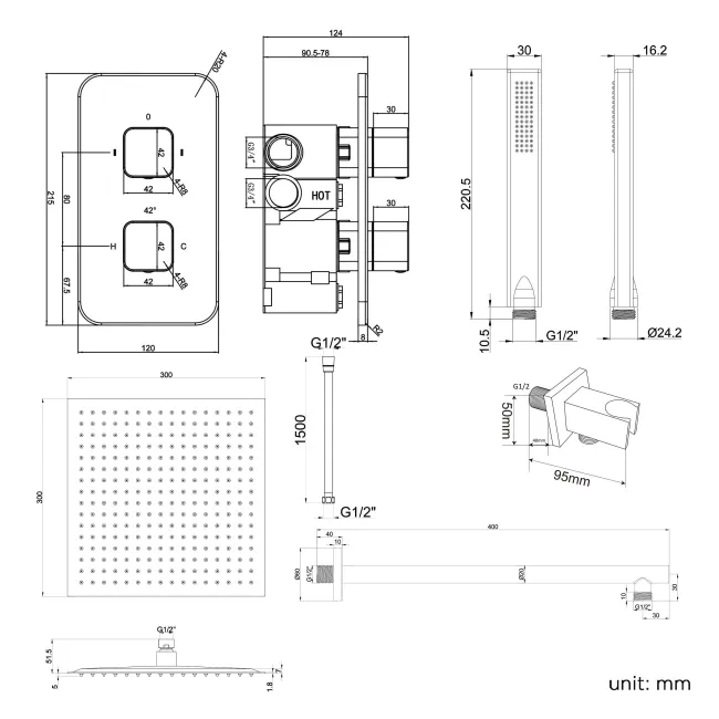 Galway Premium Matt Black Square Thermostatic Shower Set - 300mm Head & Hand Shower