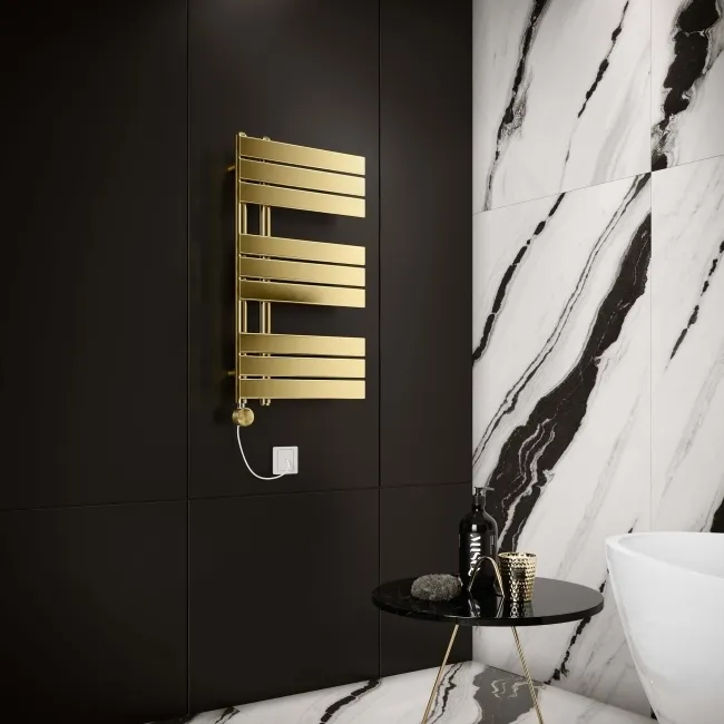 Seville Electric Brushed Brass Designer Flat Panel Heated Towel Rail 800x450mm