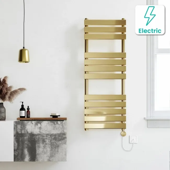 Santorini Electric Brushed Brass Flat Panel Heated Towel Rail 1200x450mm