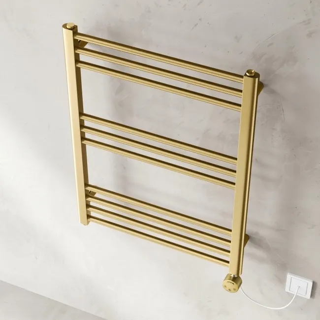 Barcelona Electric Brushed Brass Straight Heated Towel Rail 800x600mm