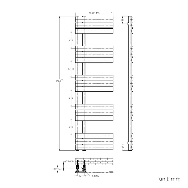 Seville Electric Anthracite Designer Flat Panel Heated Towel Rail 1600x450mm