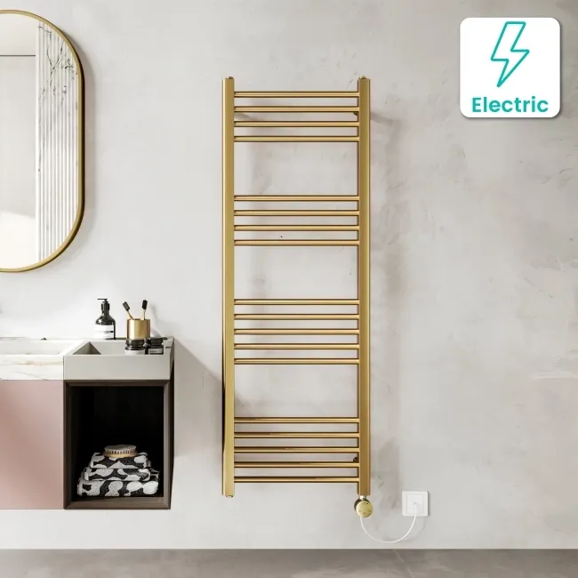 Barcelona Electric Brushed Brass Straight Heated Towel Rail 1400x500mm
