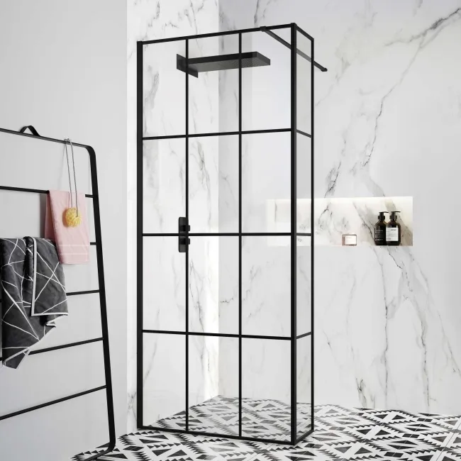 Munich Matt Black Grid 8mm Wet Room Shower Glass 800mm & 250mm Return Panel