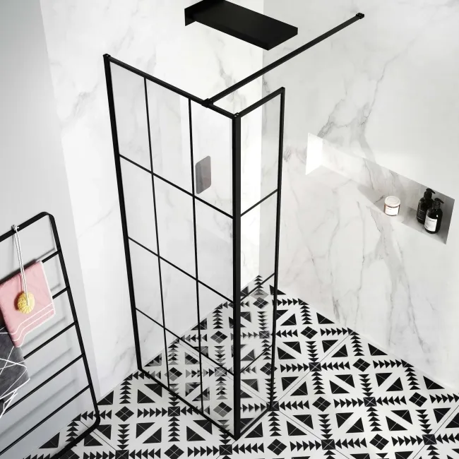 Munich Matt Black Grid 8mm Wet Room Shower Glass 800mm & 250mm Return Panel