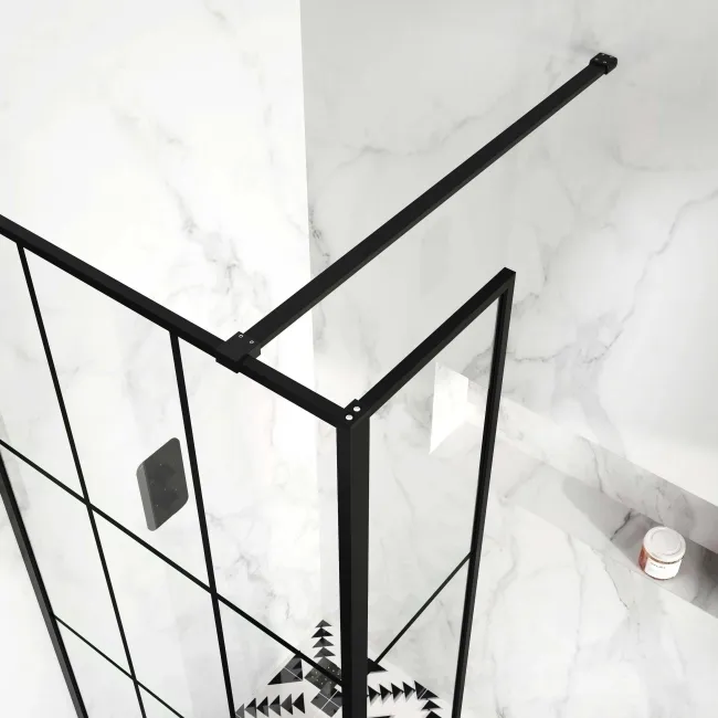 Munich Matt Black Grid 8mm Wet Room Shower Glass 700mm & 250mm Return Panel