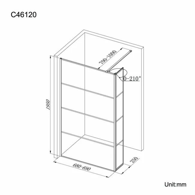 Munich Matt Black Grid 8mm Wet Room Shower Glass 700mm & 250mm Pivotal Return Panel