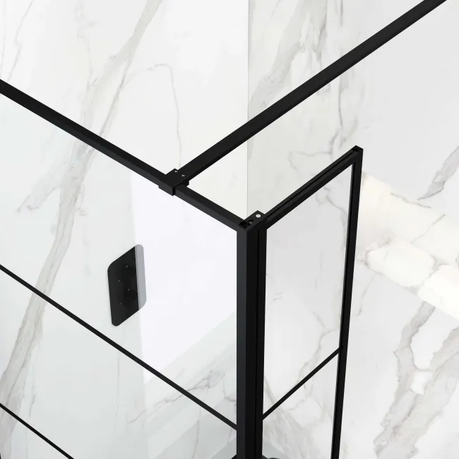 Munich Matt Black Grid 8mm Wet Room Shower Glass 900mm & 250mm Pivotal Return Panel