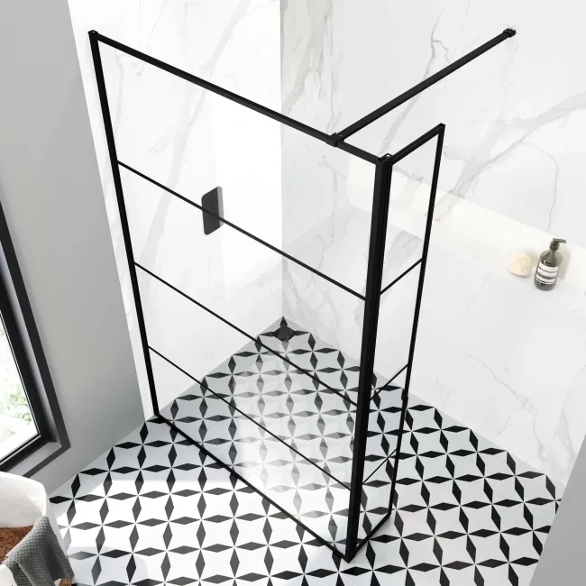 Munich Matt Black Grid 8mm Wet Room Shower Glass 1200mm & 250mm Pivotal Return Panel