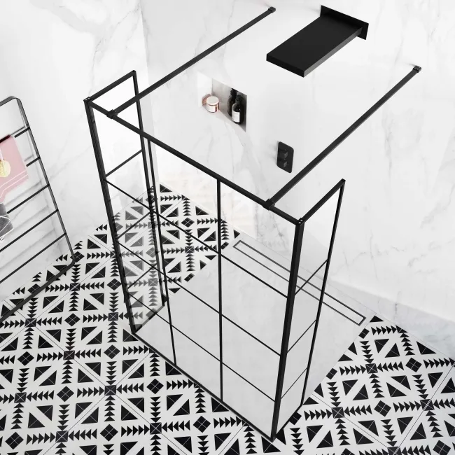 Munich Matt Black Grid 8mm Walk Through Wet Room Shower Glass Panel 1200mm & 250mm Return Panel