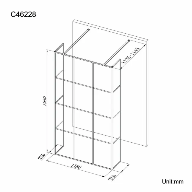 Munich Matt Black Grid 8mm Walk Through Wet Room Shower Glass Panel 1200mm & 250mm Return Panel
