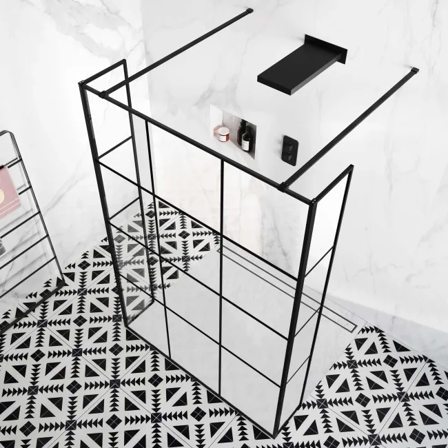 Munich Matt Black Grid 8mm Walk Through Wet Room Shower Glass Panel 1400mm & 250mm Return Panel