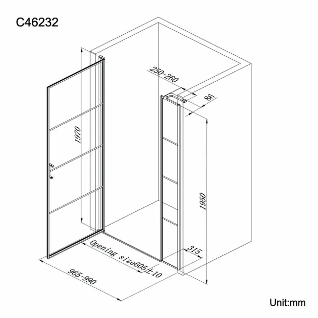 Toulon Matt Black Easy Clean 6mm Pivot Shower Door 1000mm