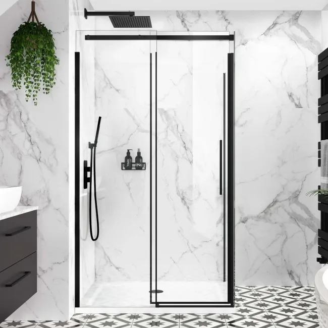 Stockholm Matt Black Easy Clean 8mm Frameless Sliding Shower Enclosure 1100x900mm