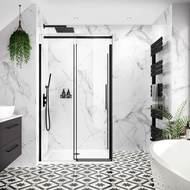 Stockholm Matt Black Easy Clean 8mm Frameless Sliding Shower Enclosure 1100x900mm
