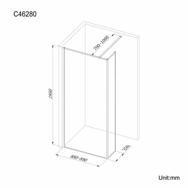 Munich Matt Black Framed 8mm Wet Room Shower Glass 900mm & 250mm Return Panel