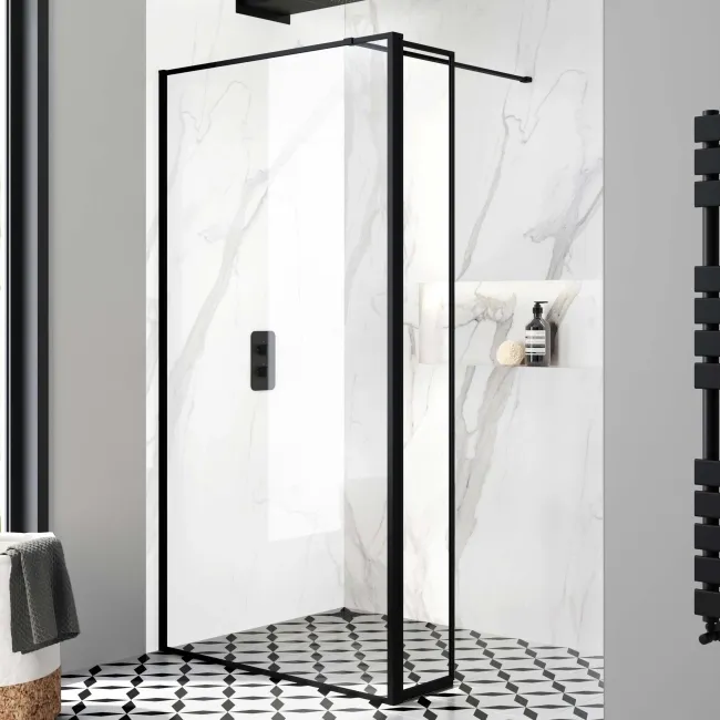 Munich Matt Black Framed 8mm Wet Room Shower Glass 1000mm & 250mm Pivotal Return Panel