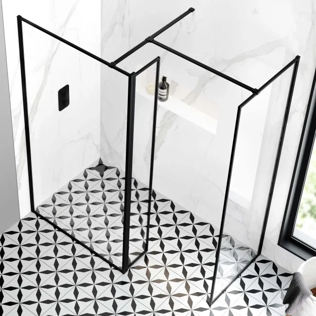 Munich Matt Black Framed 8mm Walk In Shower Enclosure 1000mm & 800mm Glass with Pivotal Return Panel