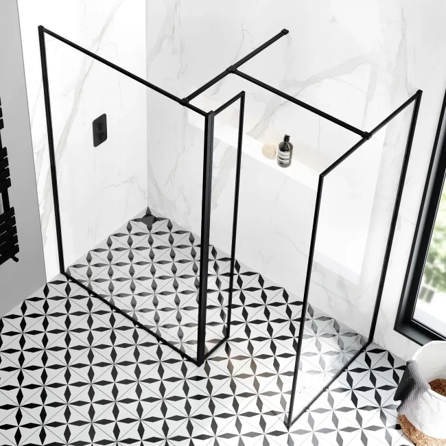 Munich Matt Black Framed 8mm Walk In Shower Enclosure 1200mm & 900mm Glass with Pivotal Return Panel