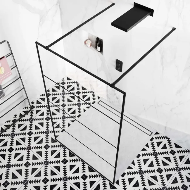 Munich Matt Black Grid 8mm Walk Through Wet Room Shower Glass Panel 1100mm