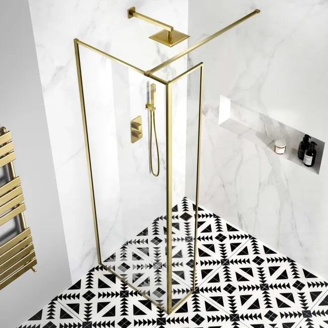 Munich Brushed Brass Framed 8mm Wet Room Shower Glass 800mm & 250mm Return Panel