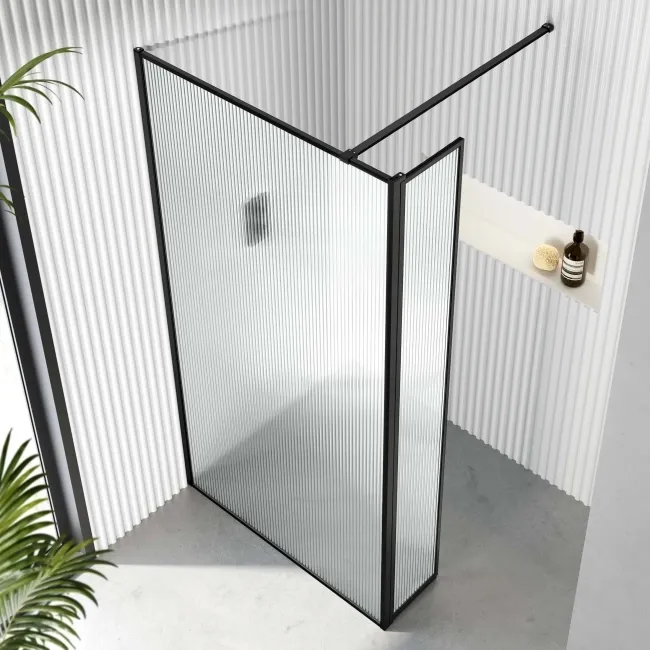 Munich Fluted Effect Matt Black Framed 8mm Wet Room Shower Glass 900mm & 250mm Pivotal Return Panel