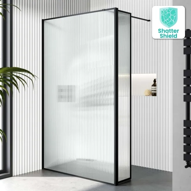 Munich Fluted Effect Matt Black Framed 8mm Wet Room Shower Glass 1100mm & 250mm Pivotal Return Panel