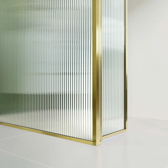 Munich Fluted Effect Brushed Brass 8mm Wet Room Shower Glass 1100mm & 250mm Pivotal Return Panel