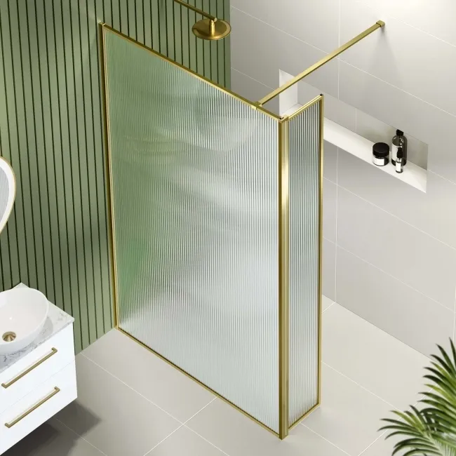 Munich Fluted Effect Brushed Brass 8mm Wet Room Shower Glass 1200mm & 250mm Pivotal Return Panel